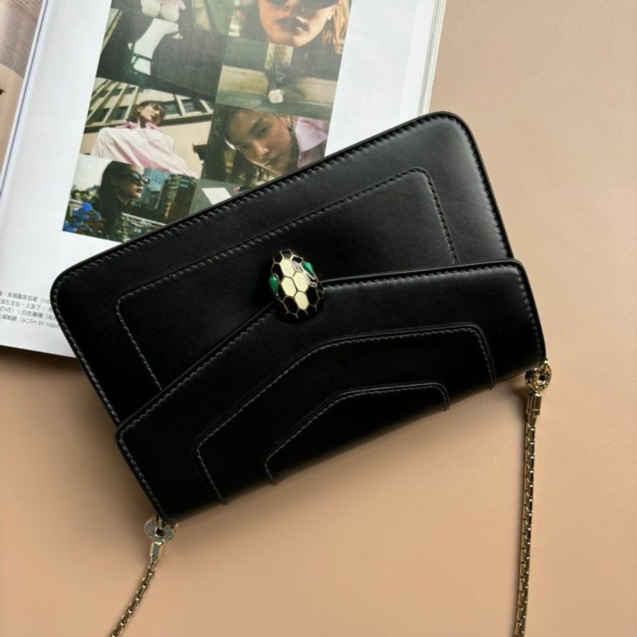 ::BVLGARI::寶格麗 Serpenti Forever 黑色內裡綠色蛇頭包 WOC-0