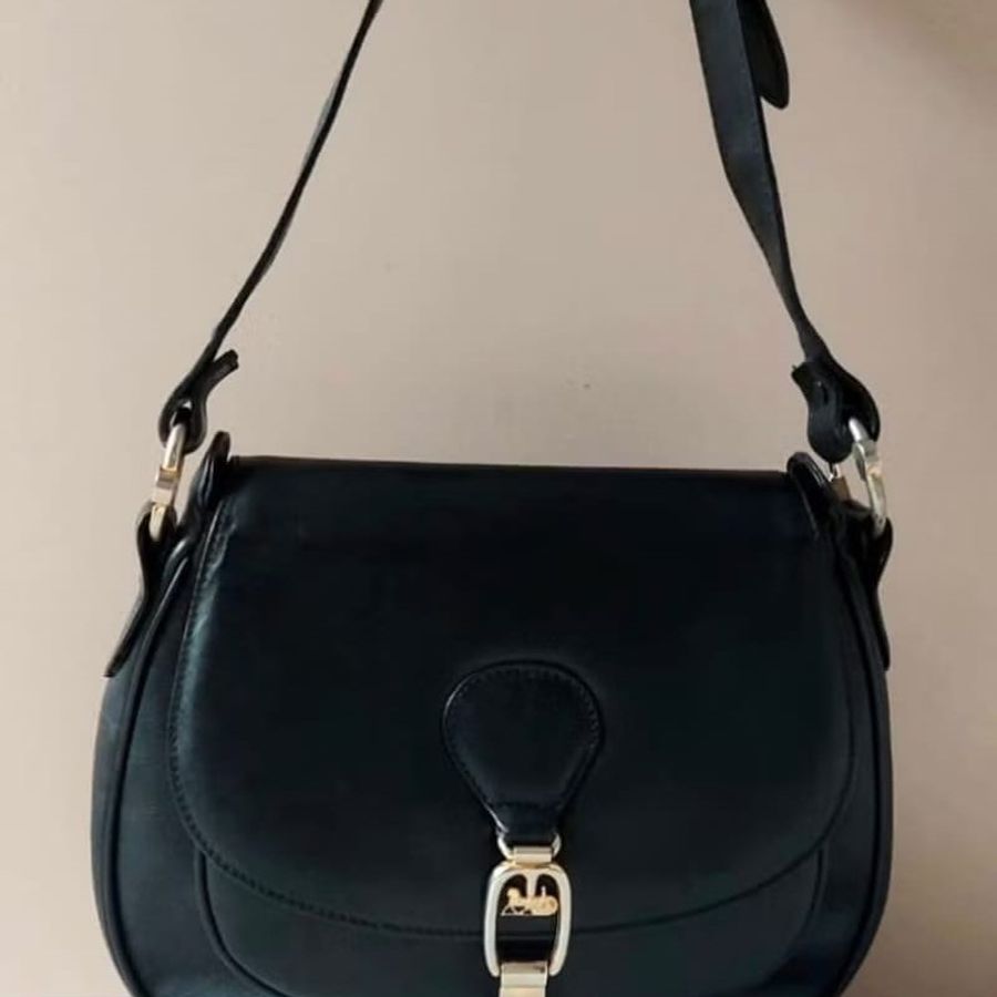 【LA LUNE】稀有中古二手Celine馬車金扣黑色皮革單肩側背腋下包手袋 Vintage-3