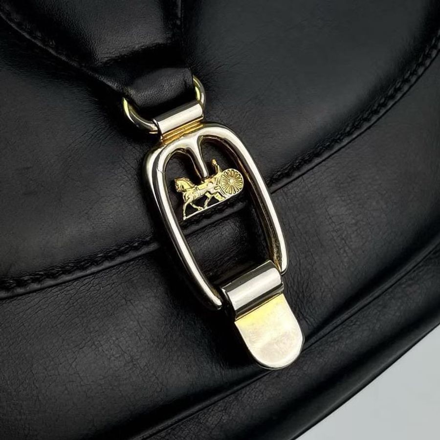 【LA LUNE】稀有中古二手Celine馬車金扣黑色皮革單肩側背腋下包手袋 Vintage-4
