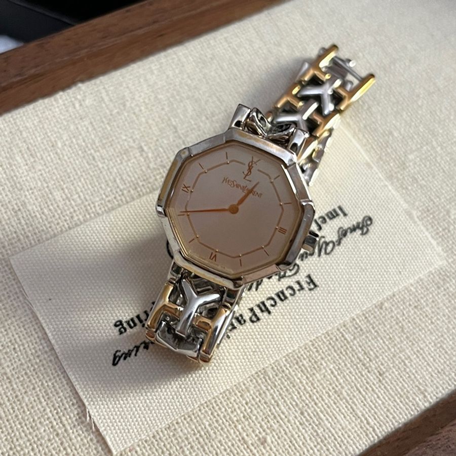 YSL 復古女錶 金銀雙色 配件齊全-6