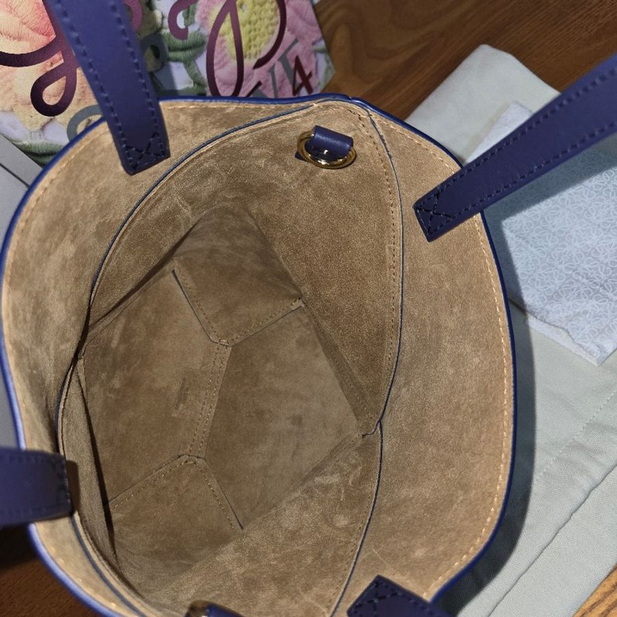 (年前一口價) 全新 LOEWE puzzie Fold燙印金字小牛皮手提/斜背托特包(小/深藍)-18