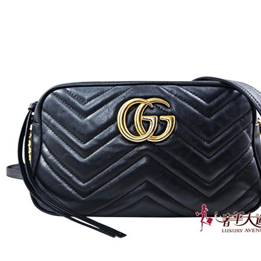 ★已售出★ GUCCI黑色牛皮 GG MSRMONT山型紋鍊帶斜背相機包 447632-0