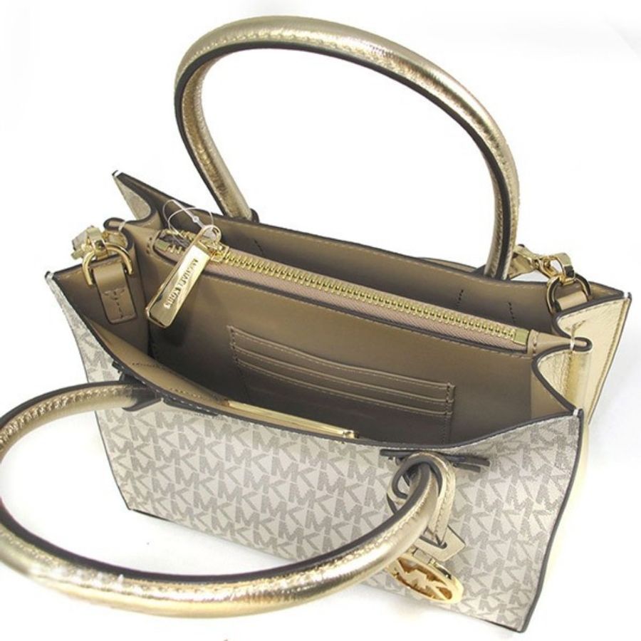 MK Michael Kors mercer滿版白配金 紙袋包 全新-4
