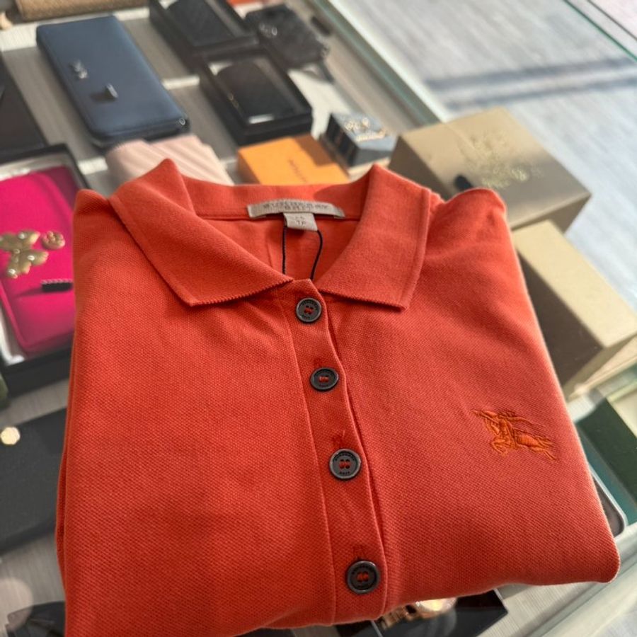 BURBERRY 橘色戰馬刺繡LOGO釦式POLO衫XS-0