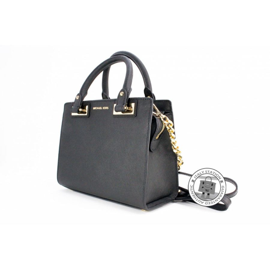 Michael Kors 30H5GQNS1L Quinn Small Saffiano Leather Satchel Black / 001 Calfskin Shoulder Bags Ghw-1