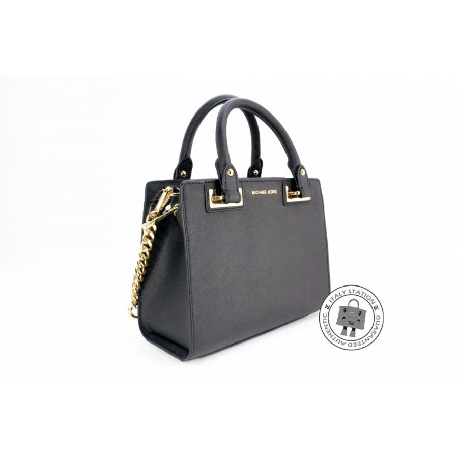 Michael Kors 30H5GQNS1L Quinn Small Saffiano Leather Satchel Black / 001 Calfskin Shoulder Bags Ghw-5