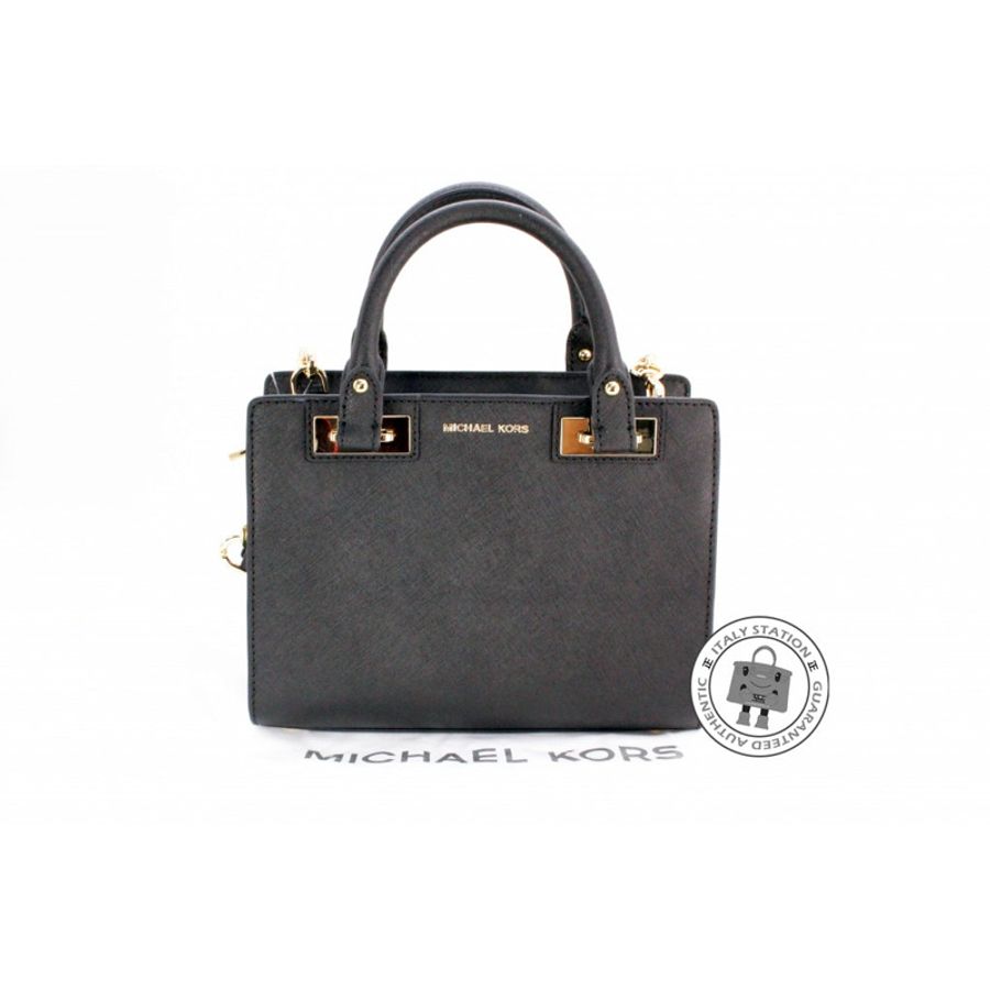 Michael Kors 30H5GQNS1L Quinn Small Saffiano Leather Satchel Black / 001 Calfskin Shoulder Bags Ghw-11