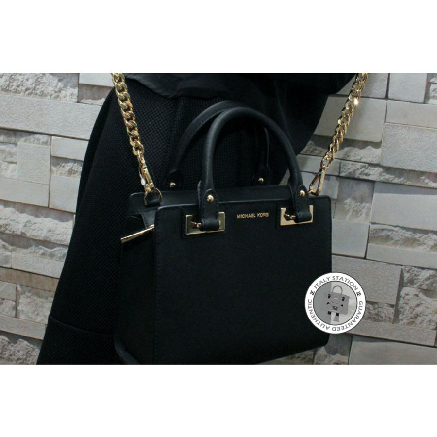 Michael Kors 30H5GQNS1L Quinn Small Saffiano Leather Satchel Black / 001 Calfskin Shoulder Bags Ghw-12