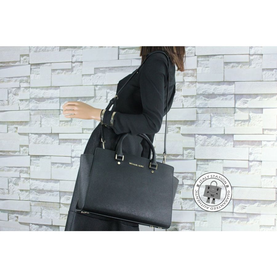 Michael Kors 30S3GLMS7L Selma LG TZ Satchel Black / 001 Calfskin Tote Bag Ghw-5