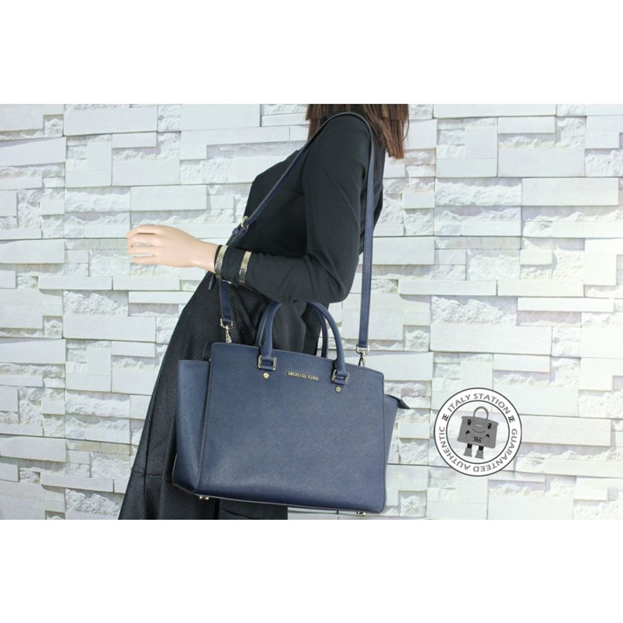 Michael Kors 30S3GLMS7L Selma LG TZ Satchel Navy / 406 Calfskin Tote Bag Ghw-5