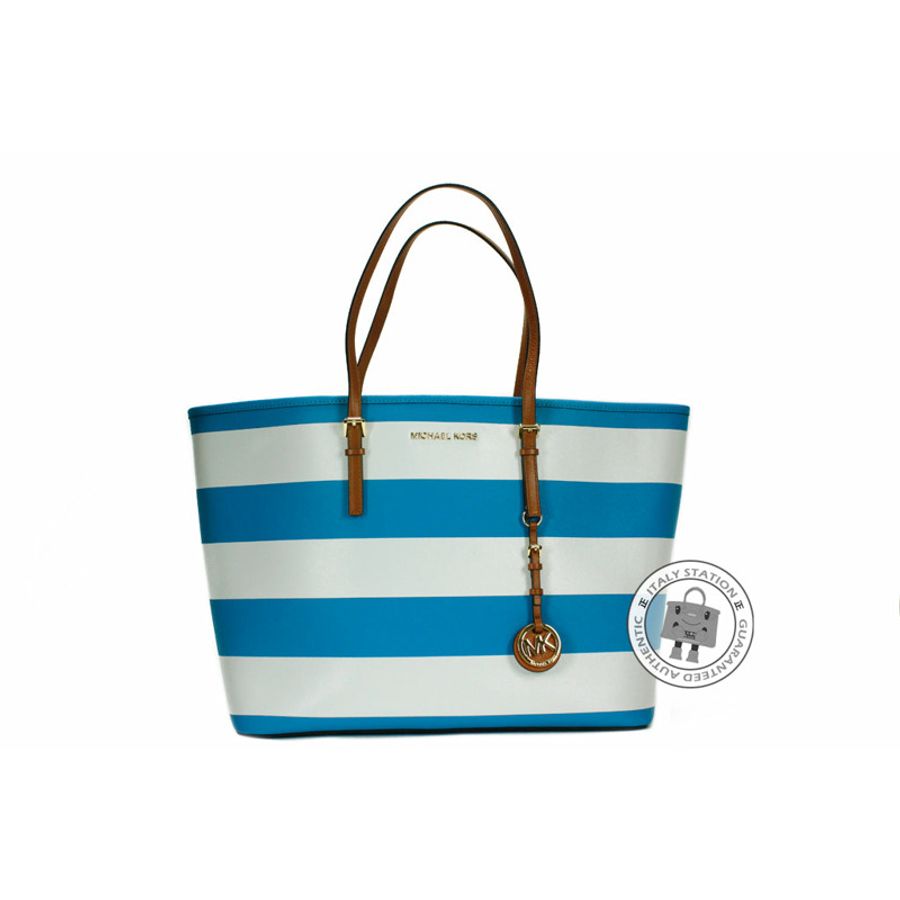 Michael Kors 30S4GVST6R Jet Set Travel Stripe Summer Blue+white Calfskin Medium Tote Bag Ghw-0