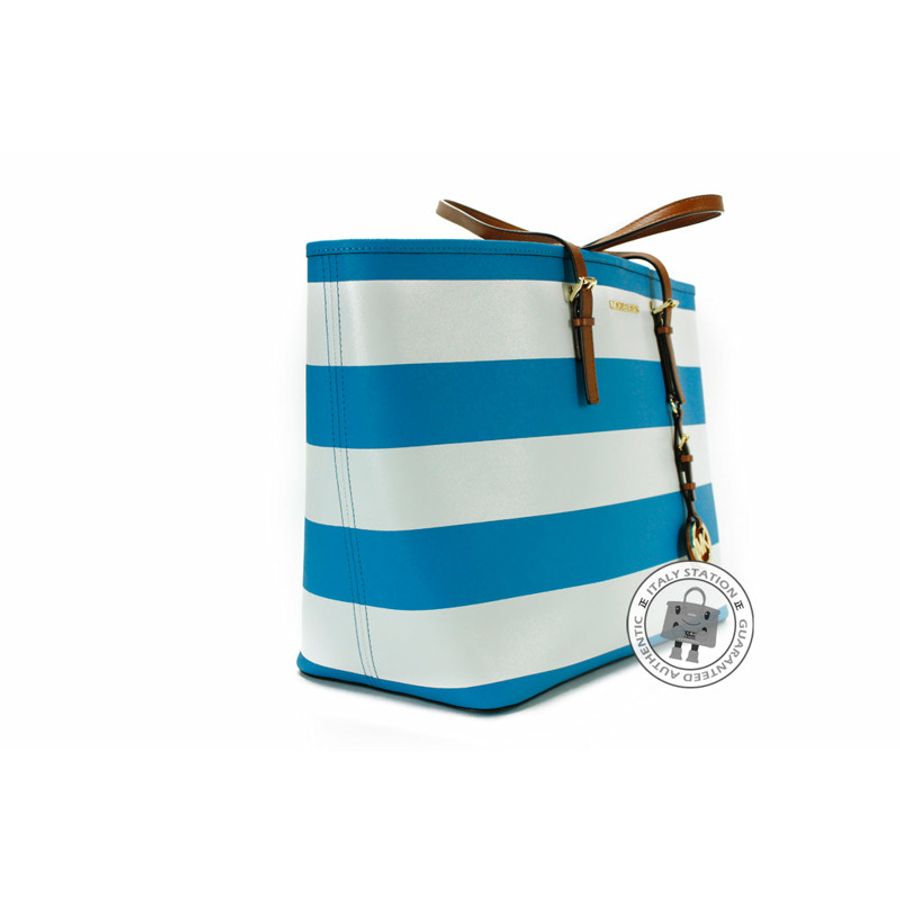 Michael Kors 30S4GVST6R Jet Set Travel Stripe Summer Blue+white Calfskin Medium Tote Bag Ghw-1