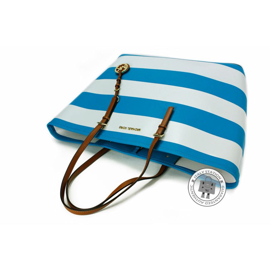 Michael Kors 30S4GVST6R Jet Set Travel Stripe Summer Blue+white Calfskin Medium Tote Bag Ghw-2