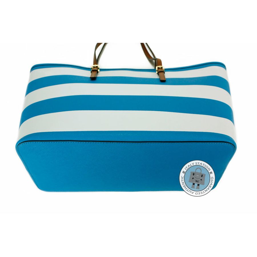 Michael Kors 30S4GVST6R Jet Set Travel Stripe Summer Blue+white Calfskin Medium Tote Bag Ghw-3