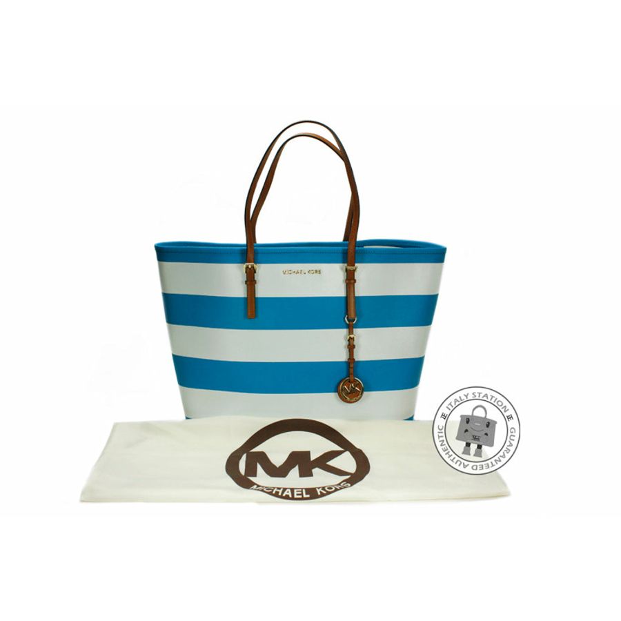 Michael Kors 30S4GVST6R Jet Set Travel Stripe Summer Blue+white Calfskin Medium Tote Bag Ghw-4