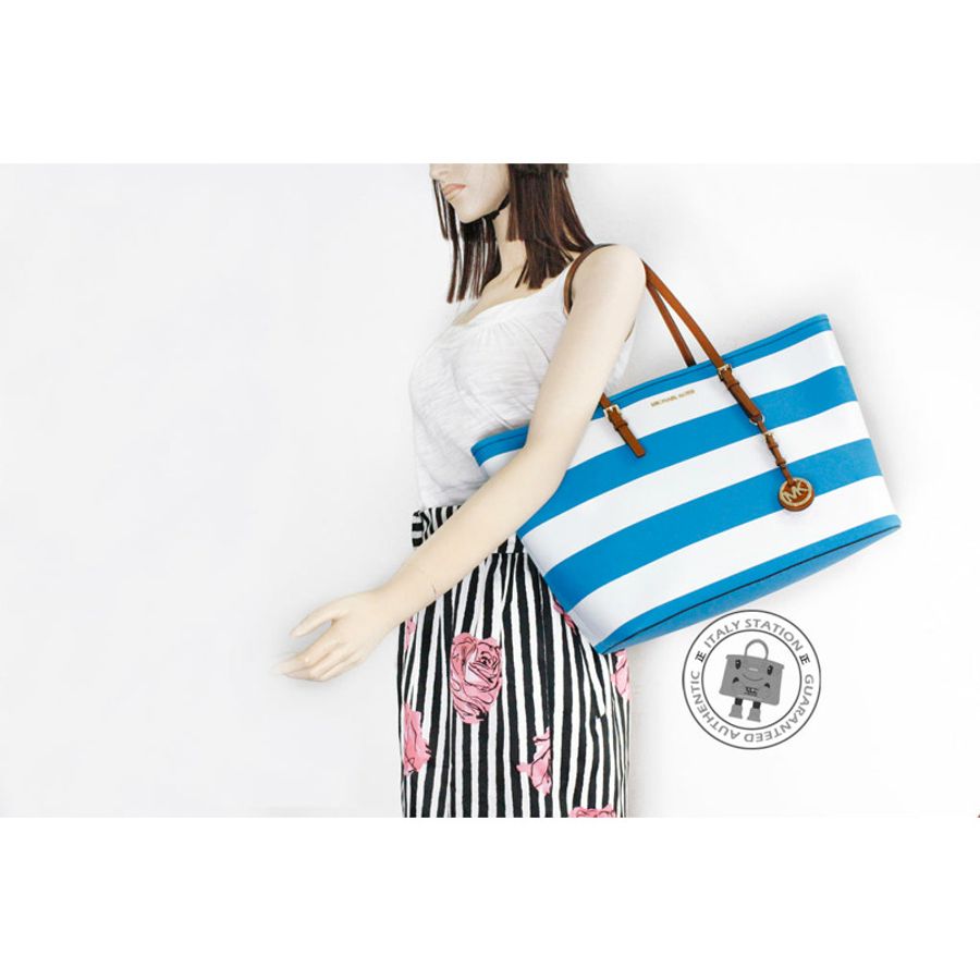 Michael Kors 30S4GVST6R Jet Set Travel Stripe Summer Blue+white Calfskin Medium Tote Bag Ghw-6