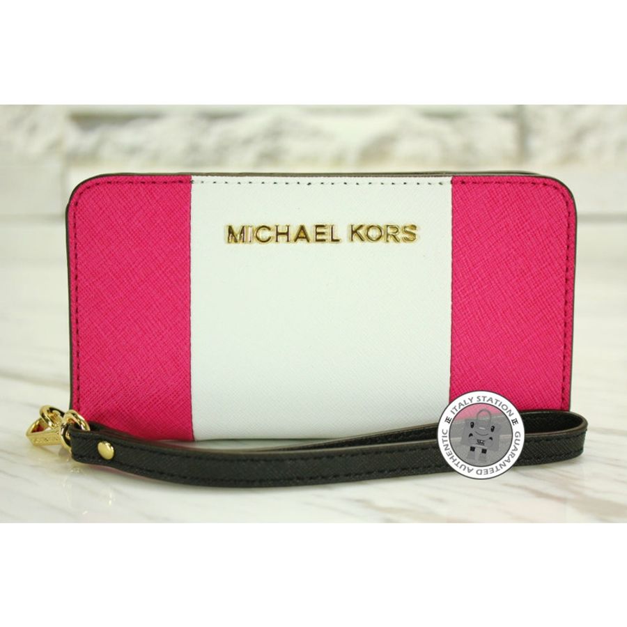 Michael Kors 32T4GJTZ1L JS Trvl Cntr Stripe Rasp+wht+blk Calfskin Short Wallet Ghw-0