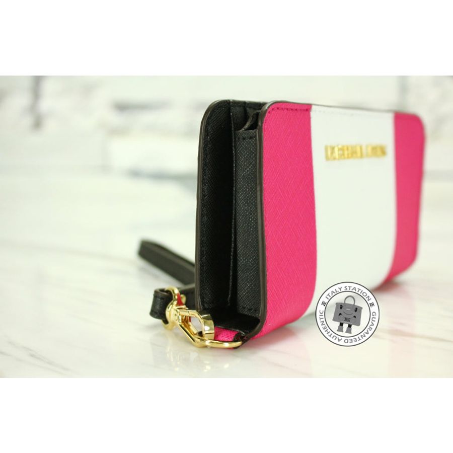 Michael Kors 32T4GJTZ1L JS Trvl Cntr Stripe Rasp+wht+blk Calfskin Short Wallet Ghw-1