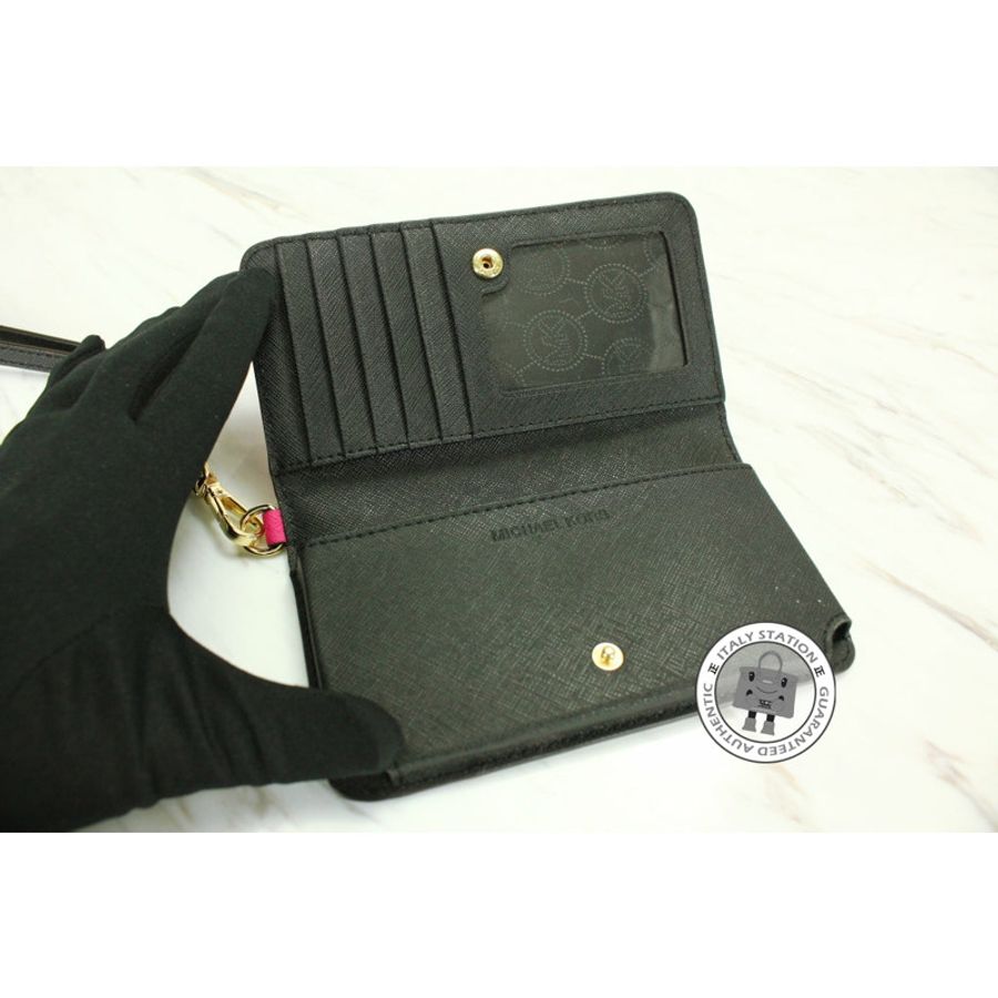 Michael Kors 32T4GJTZ1L JS Trvl Cntr Stripe Rasp+wht+blk Calfskin Short Wallet Ghw-3