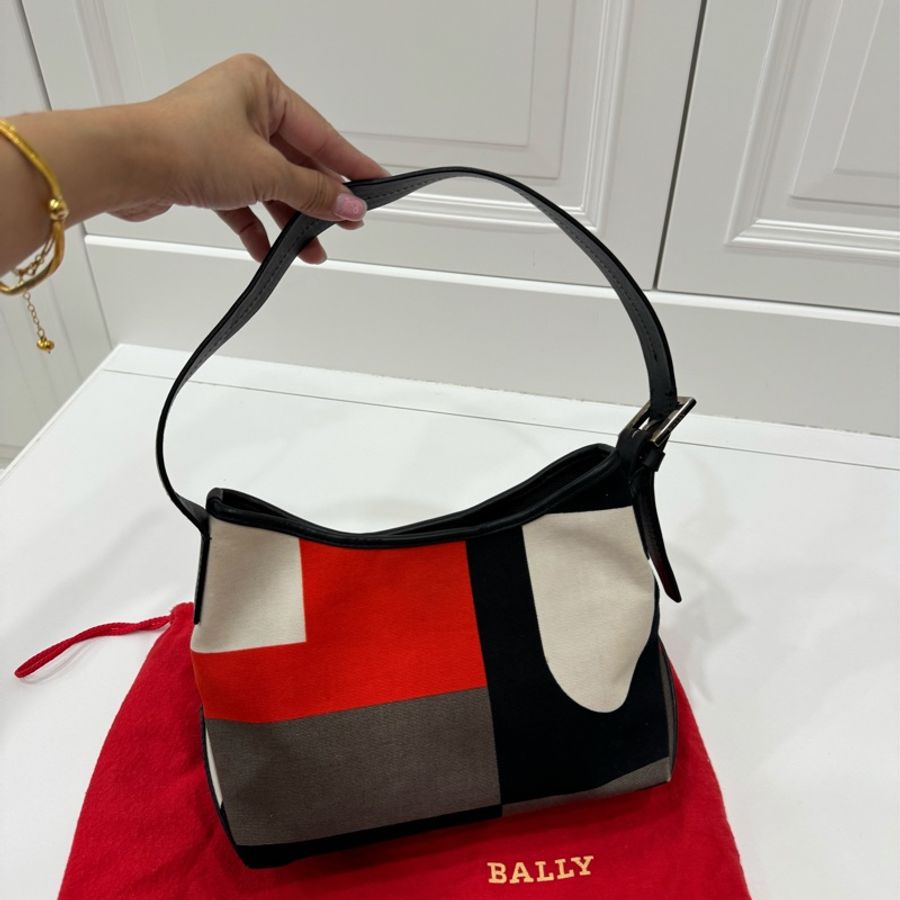Bally 紅 牛皮 拼接帆布 麻將包 腋下包 肩背包 手提包 側背包-0