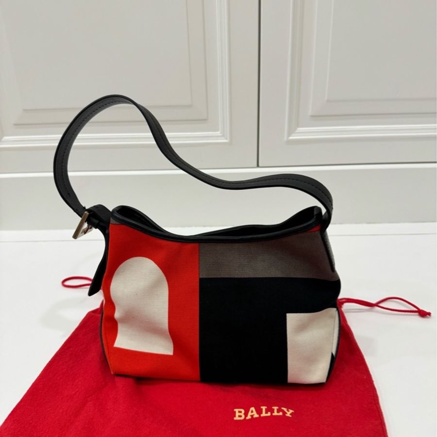 Bally 紅 牛皮 拼接帆布 麻將包 腋下包 肩背包 手提包 側背包-1
