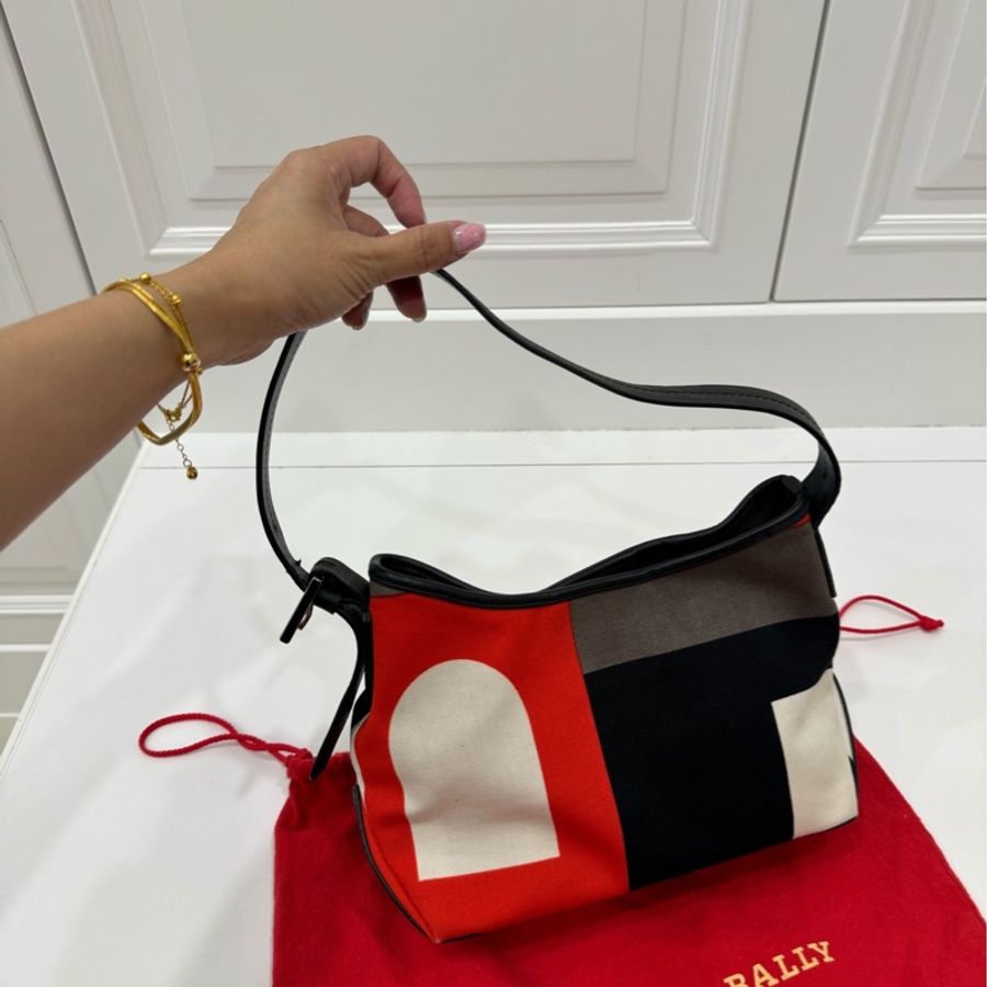 Bally 紅 牛皮 拼接帆布 麻將包 腋下包 肩背包 手提包 側背包-2
