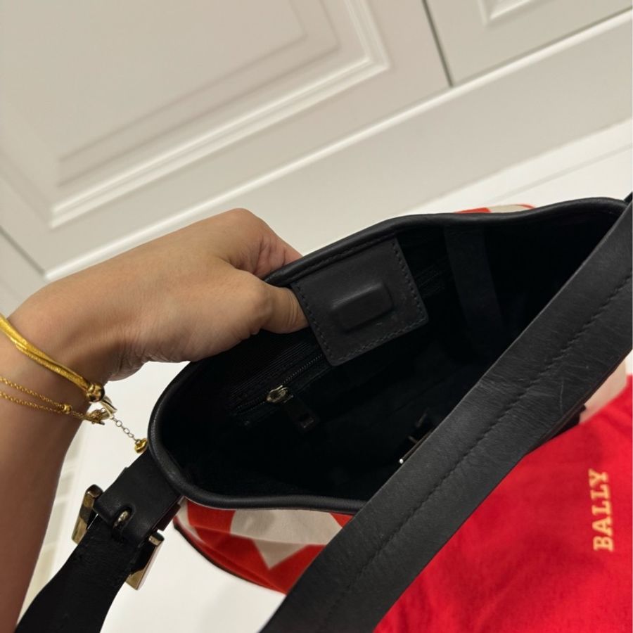 Bally 紅 牛皮 拼接帆布 麻將包 腋下包 肩背包 手提包 側背包-10