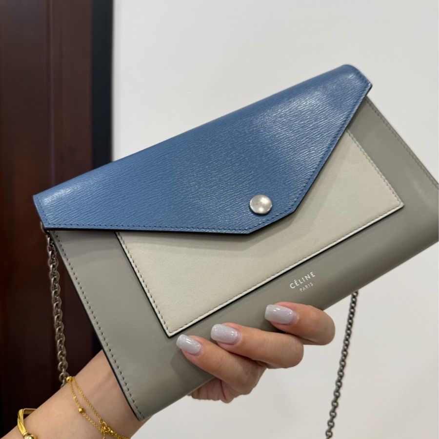 celine Pocket WOC 藍灰 拼色 斜背包 肩背包 手拿包 長夾 皮夾 鏈條包 帶鏈包-2