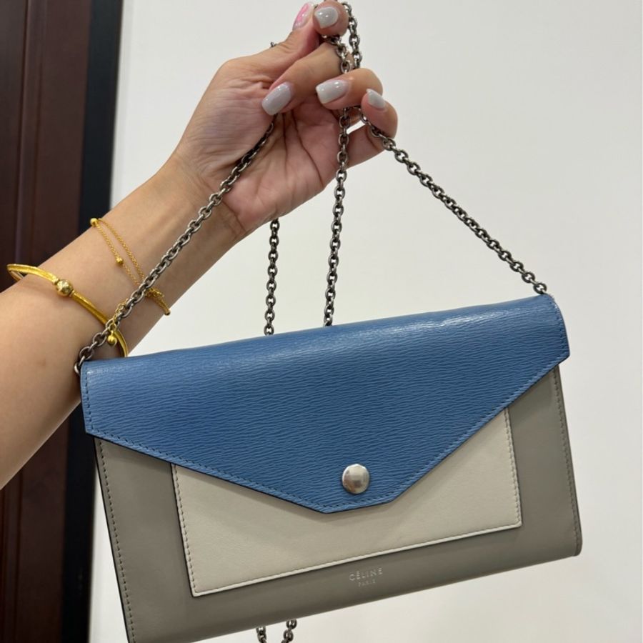 celine Pocket WOC 藍灰 拼色 斜背包 肩背包 手拿包 長夾 皮夾 鏈條包 帶鏈包-3