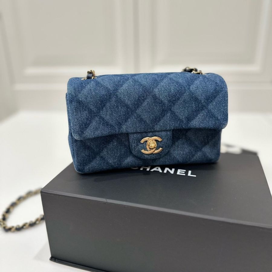 CHANEL 香奈兒 cf20 cf mini 印花菱格紋 深牛仔 淡金 丹寧 斜背包 肩背包 鏈條包 帶鏈包 側背包-0