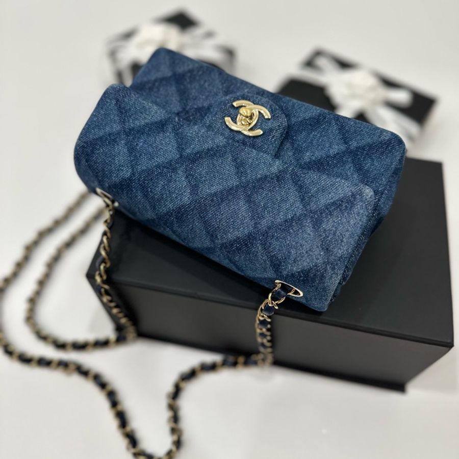 CHANEL 香奈兒 cf20 cf mini 印花菱格紋 深牛仔 淡金 丹寧 斜背包 肩背包 鏈條包 帶鏈包 側背包-1