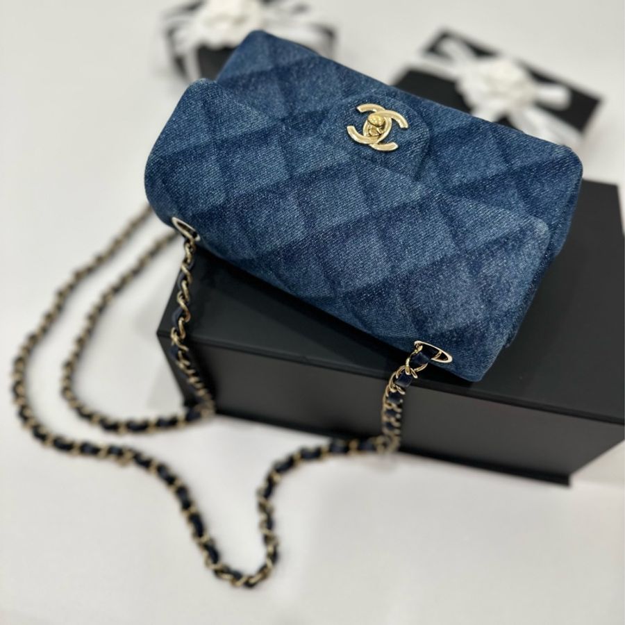 CHANEL 香奈兒 cf20 cf mini 印花菱格紋 深牛仔 淡金 丹寧 斜背包 肩背包 鏈條包 帶鏈包 側背包-2