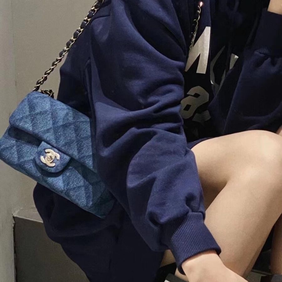 CHANEL 香奈兒 cf20 cf mini 印花菱格紋 深牛仔 淡金 丹寧 斜背包 肩背包 鏈條包 帶鏈包 側背包-8