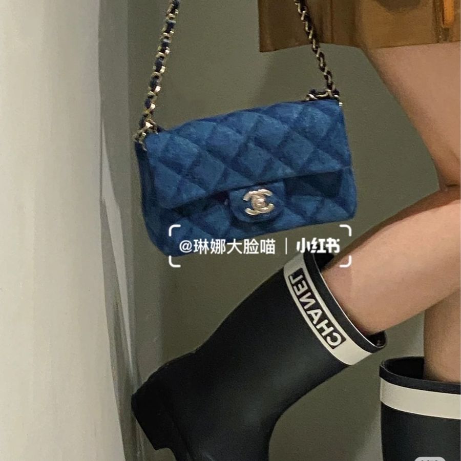 CHANEL 香奈兒 cf20 cf mini 印花菱格紋 深牛仔 淡金 丹寧 斜背包 肩背包 鏈條包 帶鏈包 側背包-9