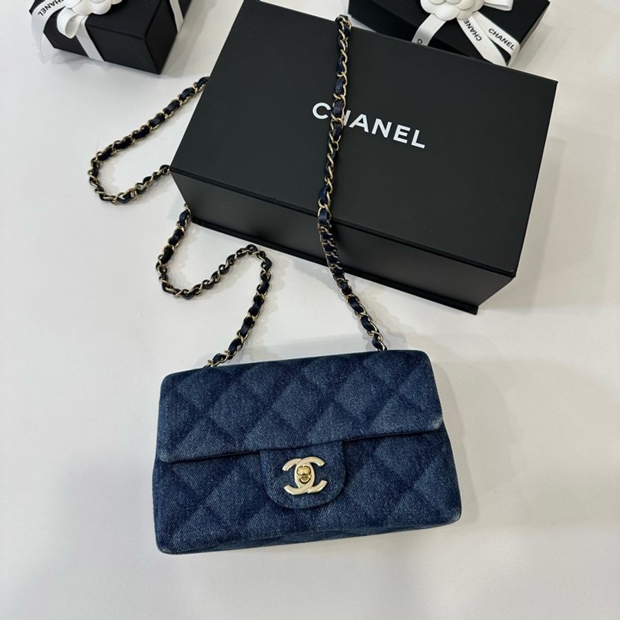 CHANEL 香奈兒 cf20 cf mini 印花菱格紋 深牛仔 淡金 丹寧 斜背包 肩背包 鏈條包 帶鏈包 側背包-10