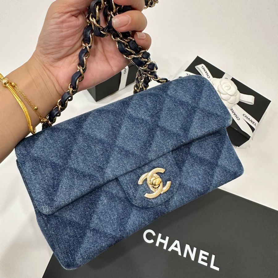 CHANEL 香奈兒 cf20 cf mini 印花菱格紋 深牛仔 淡金 丹寧 斜背包 肩背包 鏈條包 帶鏈包 側背包-12