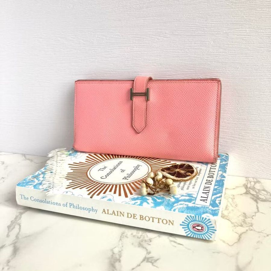 【LA LUNE】中古二手Hermes Bearn粉紅皮革銀扣長夾銀錢包手拿袋 Vintage-1