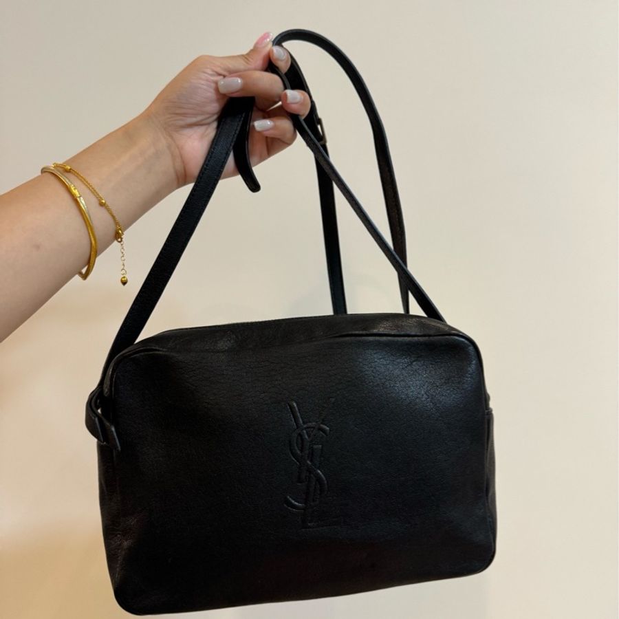 YSL Saint Laurent 聖羅蘭 LOU系列 黑 品牌LOGO 牛皮拉鍊 斜背包 相機包 肩背包 側背包-0