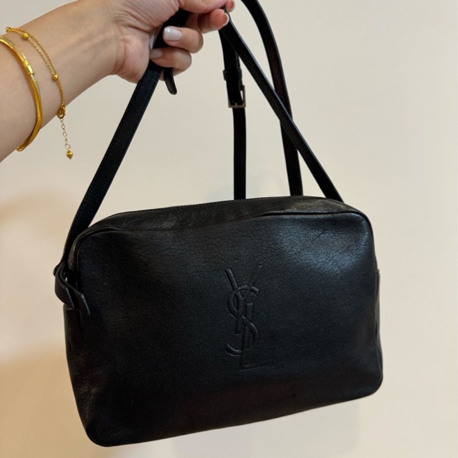 YSL Saint Laurent 聖羅蘭 LOU系列 黑 品牌LOGO 牛皮拉鍊 斜背包 相機包 肩背包 側背包-1