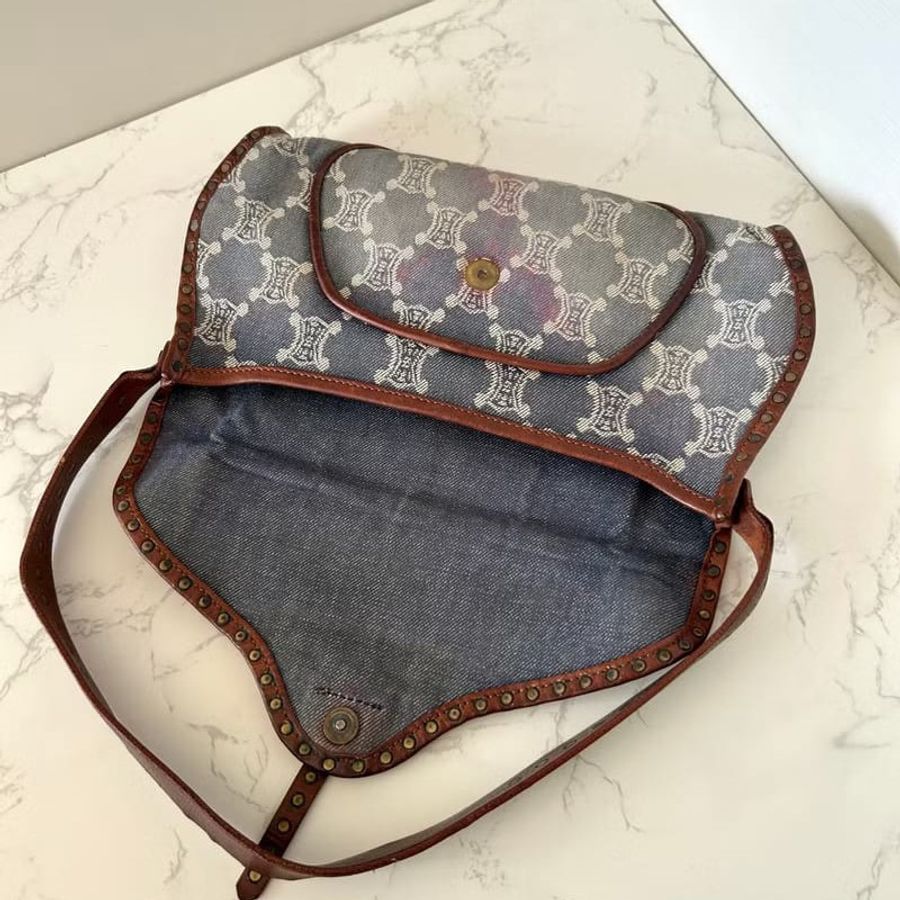 【LA LUNE】中古二手Celine牛仔老花皮革腋下小包側背單肩孭手袋 Vintage-1