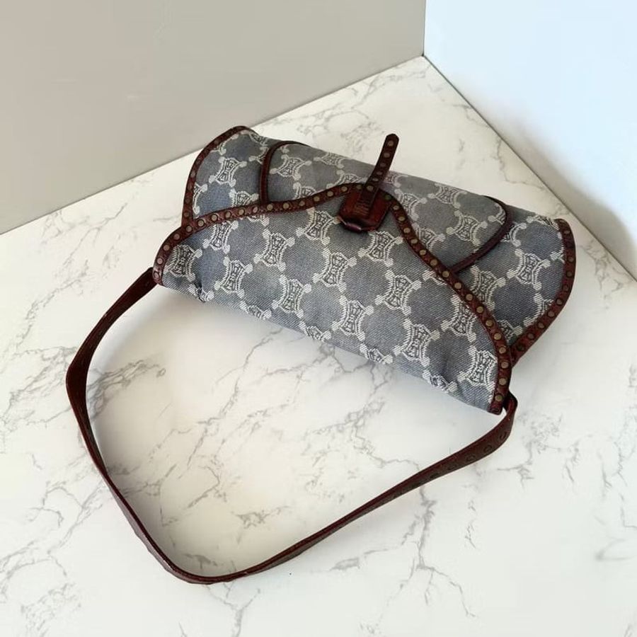 【LA LUNE】中古二手Celine牛仔老花皮革腋下小包側背單肩孭手袋 Vintage-2