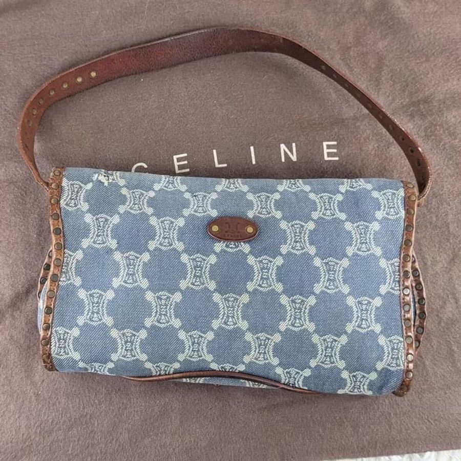 【LA LUNE】中古二手Celine牛仔老花皮革腋下小包側背單肩孭手袋 Vintage-7