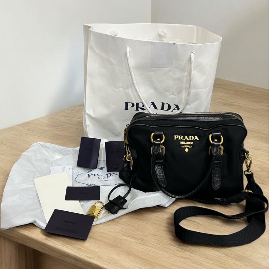 prada黑色兩用帆布真皮肩背手提包相機包-5
