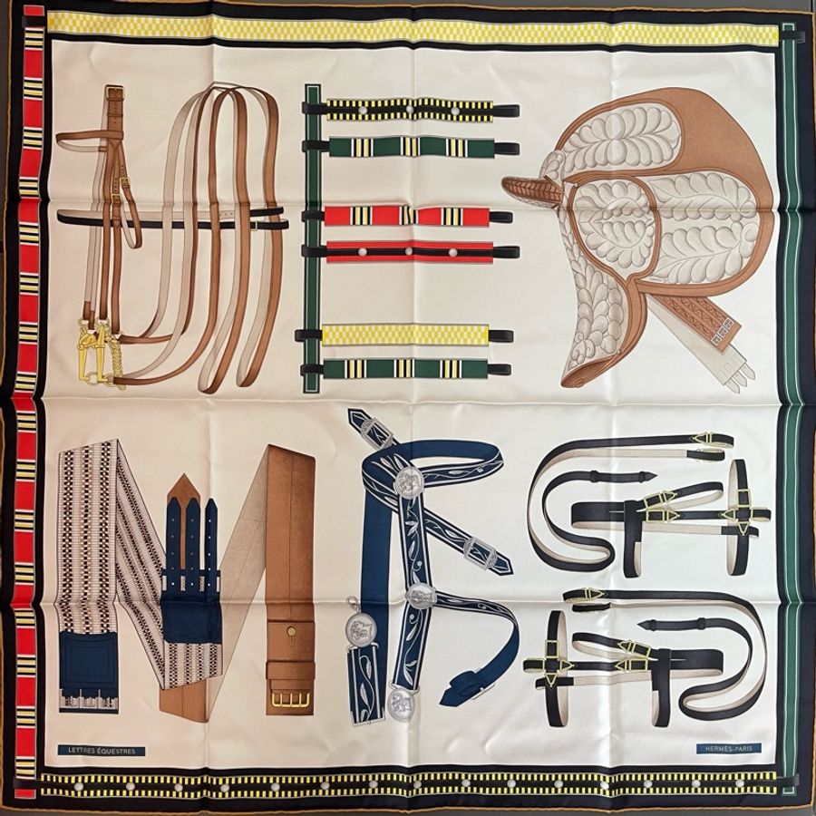 全新 🧡 Hermes 愛馬仕 Silk scarf 90 絲巾🧣 Lettres Equestre 馬術密匙-0