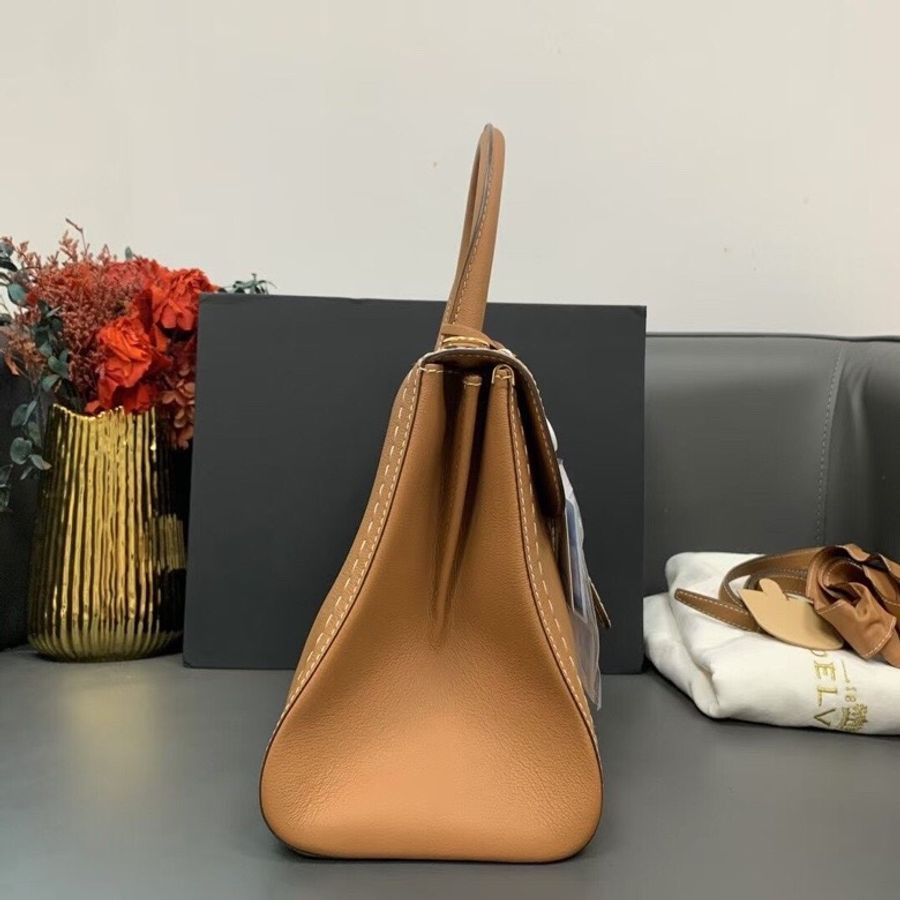 Delvaux 德爾沃brilliant中號 金棕色外縫走白線 手提單肩斜挎包-3