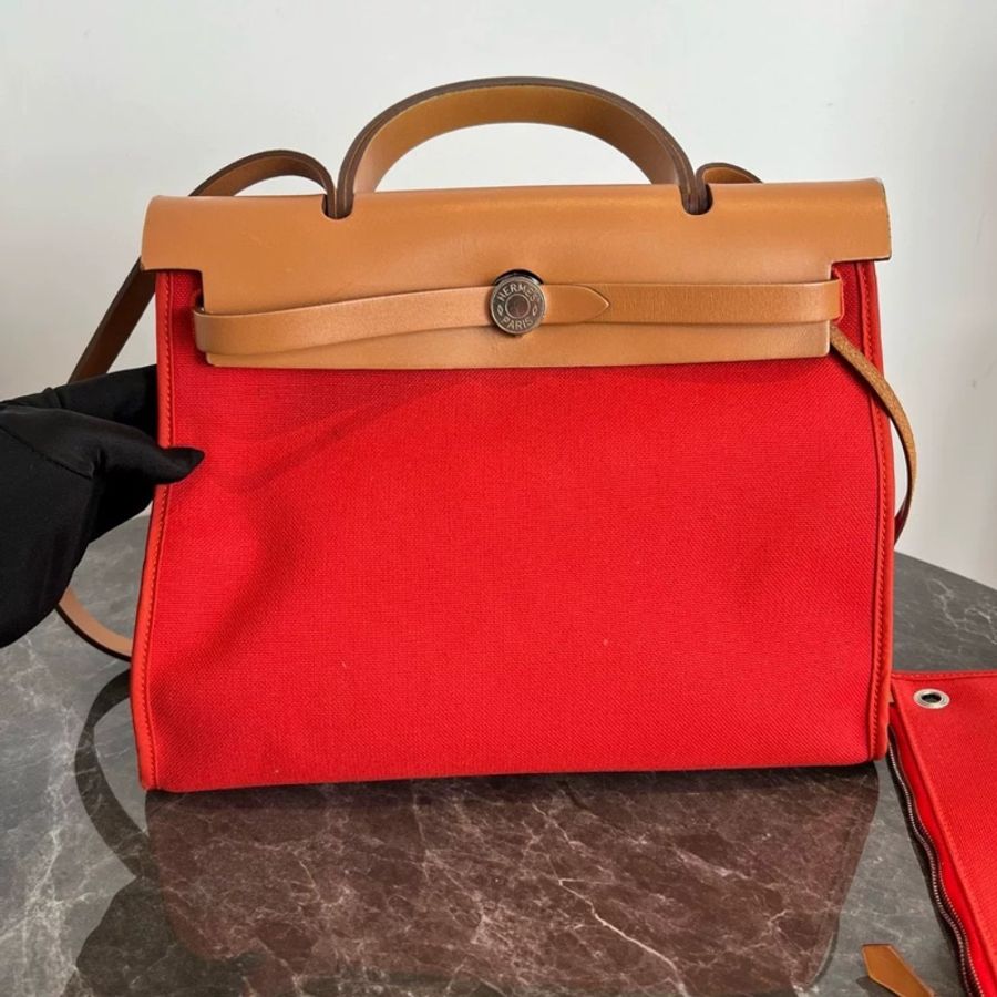 Hermes Herbag 31 帆布拼牛皮單肩斜挎手提包👜98新全配🔥含鑰匙鎖🔥-3