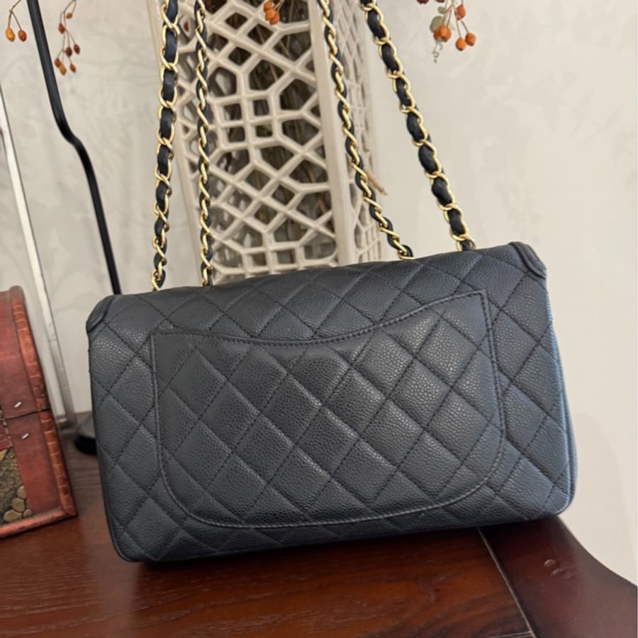 CHANEL香奈兒 filigree雙C logo黑金荔枝牛皮包-2