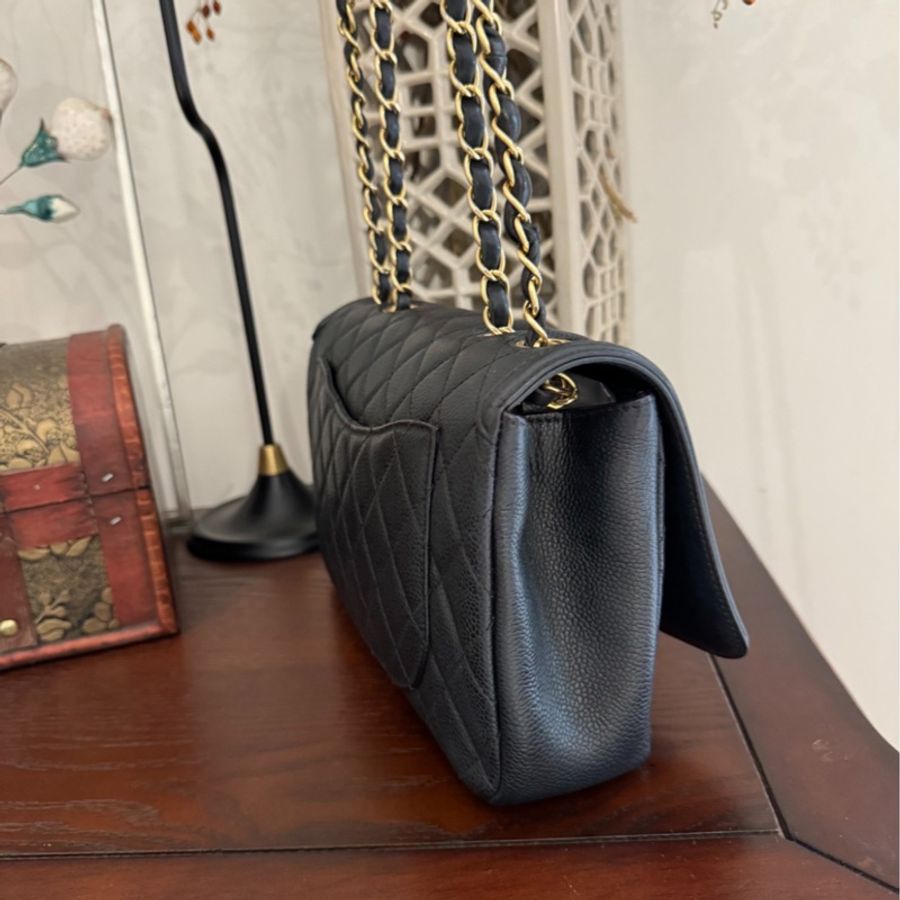 CHANEL香奈兒 filigree雙C logo黑金荔枝牛皮包-3