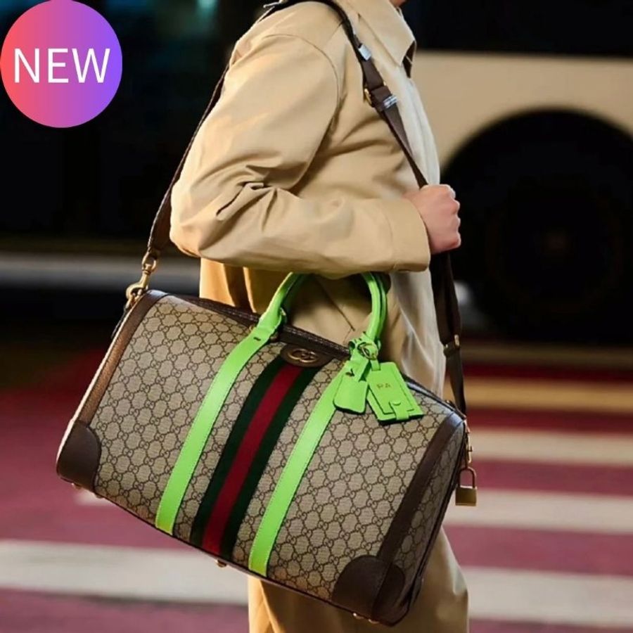 Gucci 724642 Savoy 中款綠色飾邊手提旅行袋《當季專櫃正售★全新商品 》-0