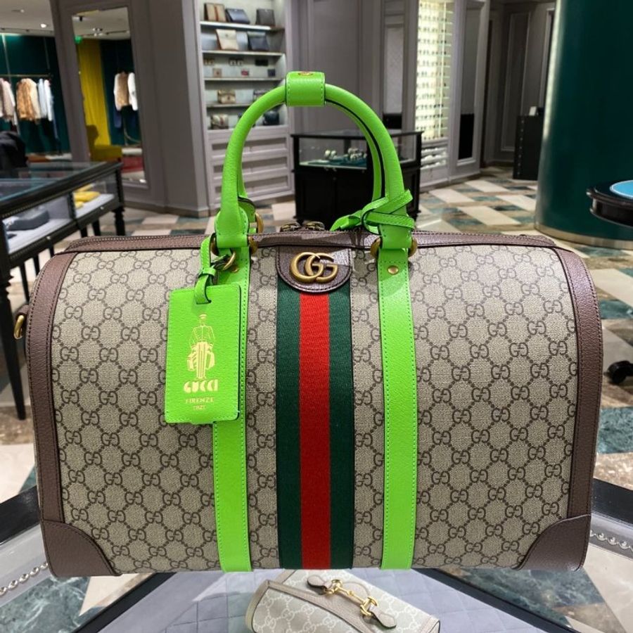 Gucci 724642 Savoy 中款綠色飾邊手提旅行袋《當季專櫃正售★全新商品 》-1